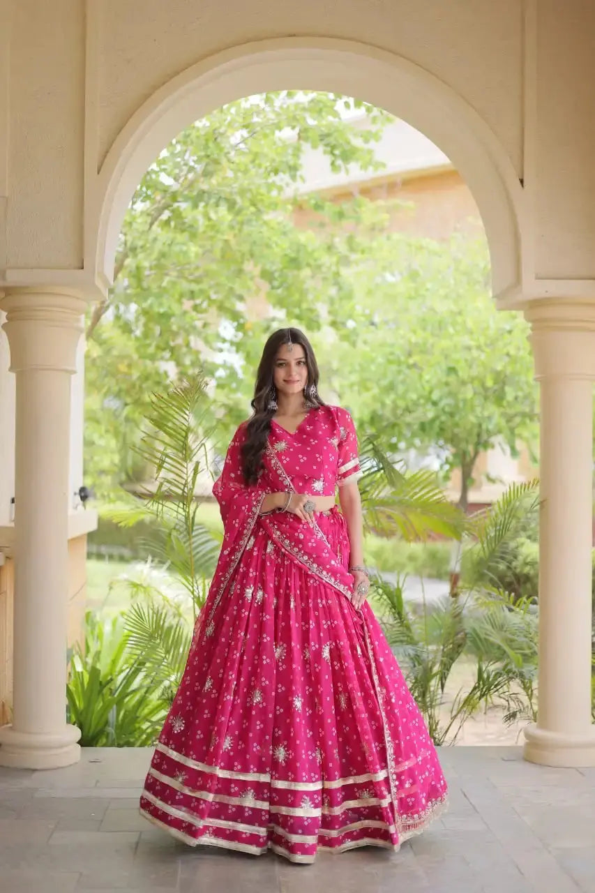 Dark Pink Bandhej Print Lehenga – Side view showing 3.5-meter circular flair and V-neck short sleeve choli