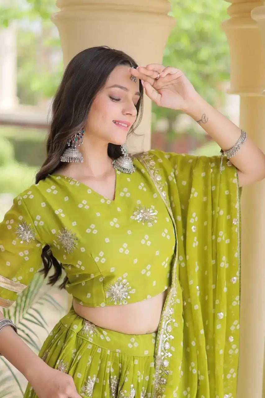 Green Bandhej Print Lehenga – Flat lay of complete lehenga, choli and dupatta set, product code KL151 Kalyanja