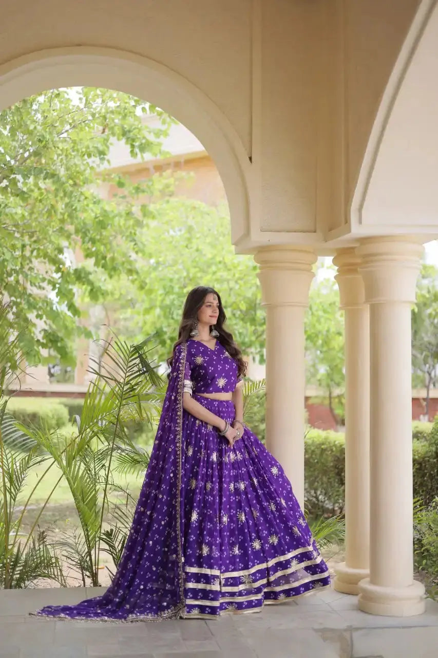 Purple Bandhej Print Lehenga – Front drape view showing Faux Georgette skirt with bandhej dots, sequin motifs and gota lace border