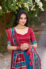 Rama Blue Floral Print Lehenga – Flat lay of complete lehenga, choli and dupatta set, product code KL152 Kalyanja