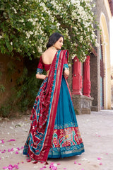 Rama Blue Floral Print Lehenga – Full-length model view, Tussar Silk Blend festive lehenga for Navratri and garba