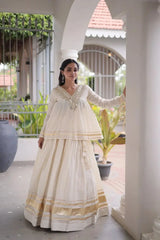White Zari Work Lehenga – Back view showing covered back peplum top and full circular skirt in white Kora Cotton