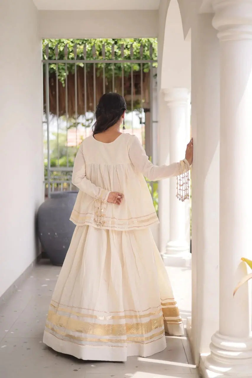White Zari Work Lehenga – Flat lay of complete lehenga and peplum top set, product code KL154 Kalyanja