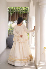White Zari Work Lehenga – Flat lay of complete lehenga and peplum top set, product code KL154 Kalyanja