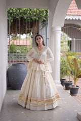 White Zari Work Lehenga – Full-length model view, Kora Cotton festive lehenga for Navratri, haldi and sangeet