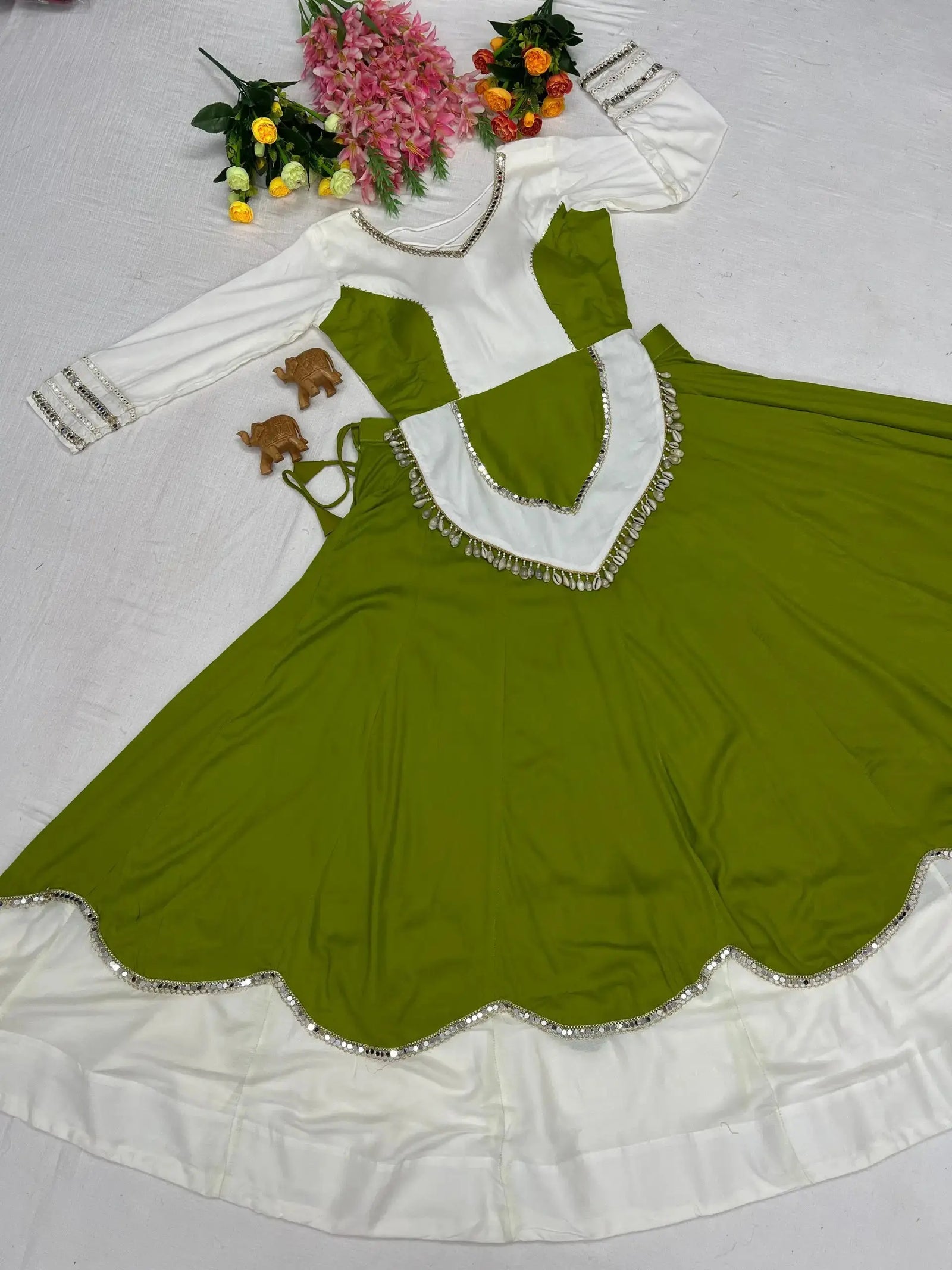 Green Mirror Lace Work Lehenga – Flat lay of complete lehenga, choli and dupatta set, product code KL155 Kalyanja