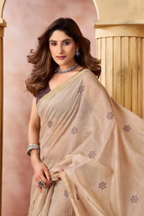 Beige Jacquard Weaving Saree back view – floral printed pallu draped over shoulder | KS301 Kalyanja