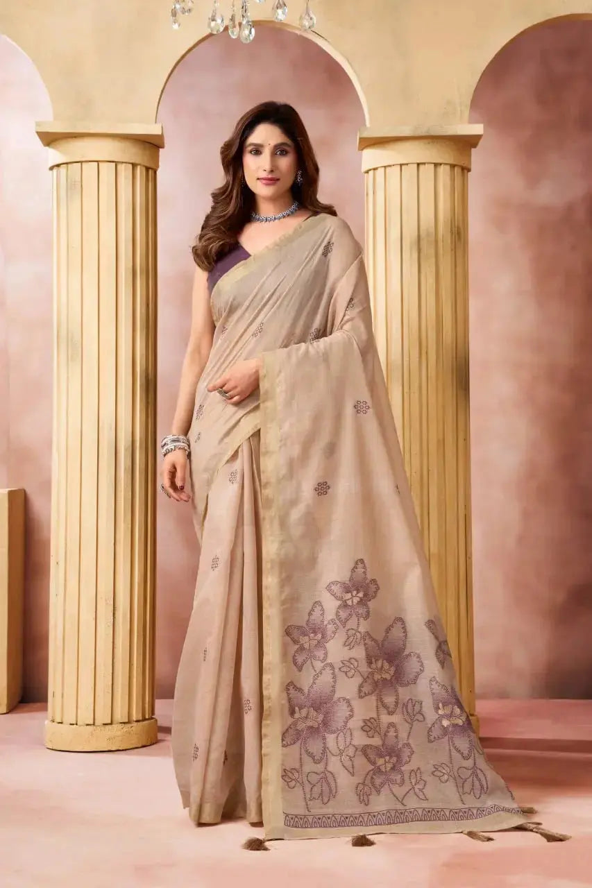 Beige Jacquard Weaving Saree front drape – geometric butis, floral printed pallu, heavy cotton blend | KS301 Kalyanja