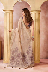 Beige Jacquard Weaving Saree pallu detail – large floral print with 3D fabric flower accents | KS301 Kalyanja