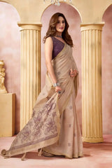Beige Jacquard Weaving Saree side drape view – geometric woven border, heavy cotton blend | KS301 Kalyanja