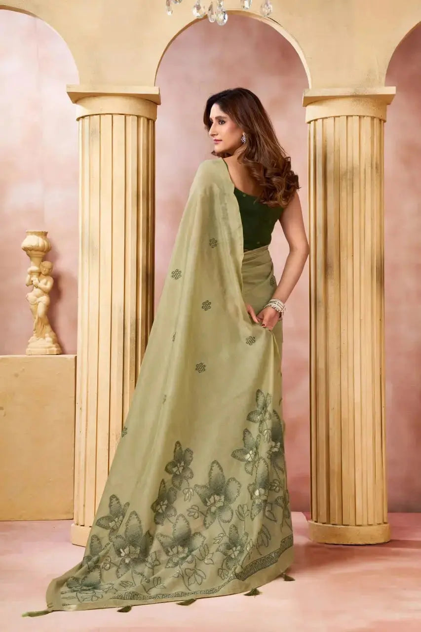 Light Pistachio Green Jacquard Weaving Saree — back view showing floral printed pallu spread and geometric woven border