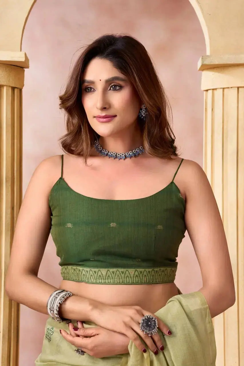 Running blouse piece in deep green cotton for Light Pistachio Green Jacquard Weaving Saree KS301 with geometric woven border
