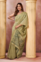 Light Pistachio Green Jacquard Weaving Saree — side pallu drape showing floral printed pallu detail