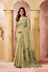 Light Pistachio Green Jacquard Weaving Saree — front drape view with deep green blouse and silver jewellery