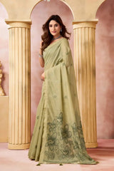 Light Pistachio Green Jacquard Weaving Saree — full front drape with scattered geometric butis and floral pallu
