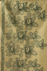 Close-up of floral printed pallu on Light Pistachio Green Jacquard Weaving Saree with geometric woven border and 3D fabric flower accents