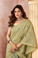 Light Pistachio Green Jacquard Weaving Saree — close-up portrait with oxidised silver jewellery and buti fabric detail