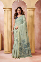 Mint Green Jacquard Weaving Saree front drape – geometric butis, floral printed pallu, heavy cotton blend | KS301 Kalyanja