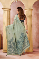 Mint Green Jacquard Weaving Saree pallu detail – large floral print with 3D fabric flower accents | KS301 Kalyanja