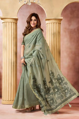 Olive Green Jacquard Weaving Saree side drape view – geometric woven border, heavy cotton blend | KS301 Kalyanja