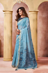 Sky Blue Jacquard Weaving Saree body close-up – geometric jacquard butis woven across the drape | KS301 Kalyanja