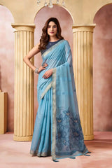 Sky Blue Jacquard Weaving Saree front drape – geometric butis, floral printed pallu, heavy cotton blend | KS301 Kalyanja