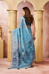 Sky Blue Jacquard Weaving Saree pallu detail – large floral print with 3D fabric flower accents | KS301 Kalyanja