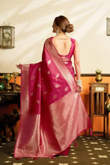 Dark Pink Jacquard Weaving Saree silver zari border close-up – crisp zari weave, soft silk blend | KS302 Kalyanja