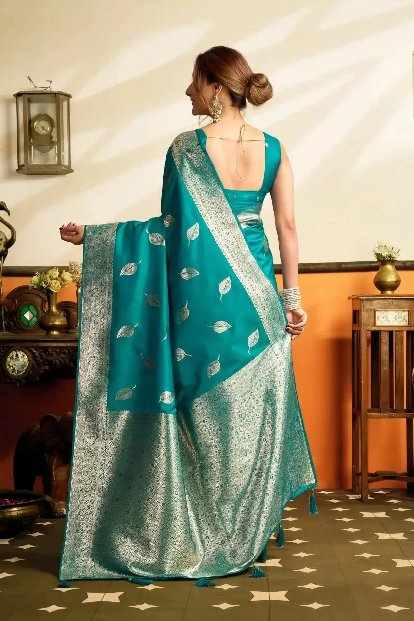 Rama Blue Jacquard Weaving Saree contrast pallu detail – KS302 by Kalyanja