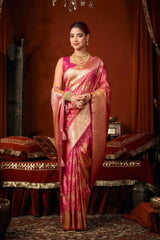 Dark Pink Jacquard Weaving Saree gold zari border close-up – crisp zari weave, soft silk blend | KS303 Kalyanja