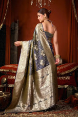Deep Navy Blue Jacquard Weaving Saree gold zari border close-up – crisp zari weave, soft silk blend | KS303 Kalyanja