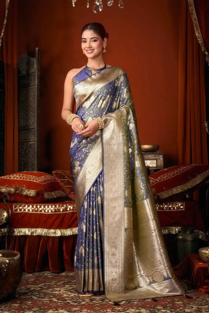 Deep Navy Blue Jacquard Weaving Saree front drape – gold zari border, contrast pallu, soft silk blend | KS303 Kalyanja