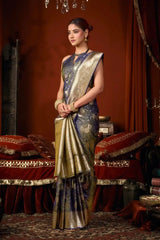 Deep Navy Blue Jacquard Weaving Saree contrast pallu detail – KS303 by Kalyanja