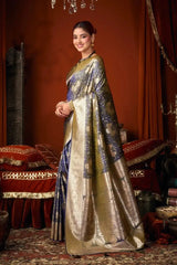 Deep Navy Blue Jacquard Weaving Saree side drape view – jacquard weaving detail, soft silk blend | KS303 Kalyanja