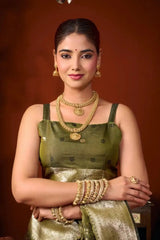 Olive Green Jacquard Weaving Saree back view – contrast pallu draped over shoulder | KS303 Kalyanja