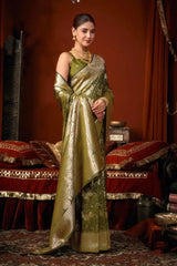 Olive Green Jacquard Weaving Saree gold zari border close-up – warm zari against earthy olive tone | KS303 Kalyanja