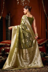 Olive Green Jacquard Weaving Saree contrast pallu detail – KS303 by Kalyanja
