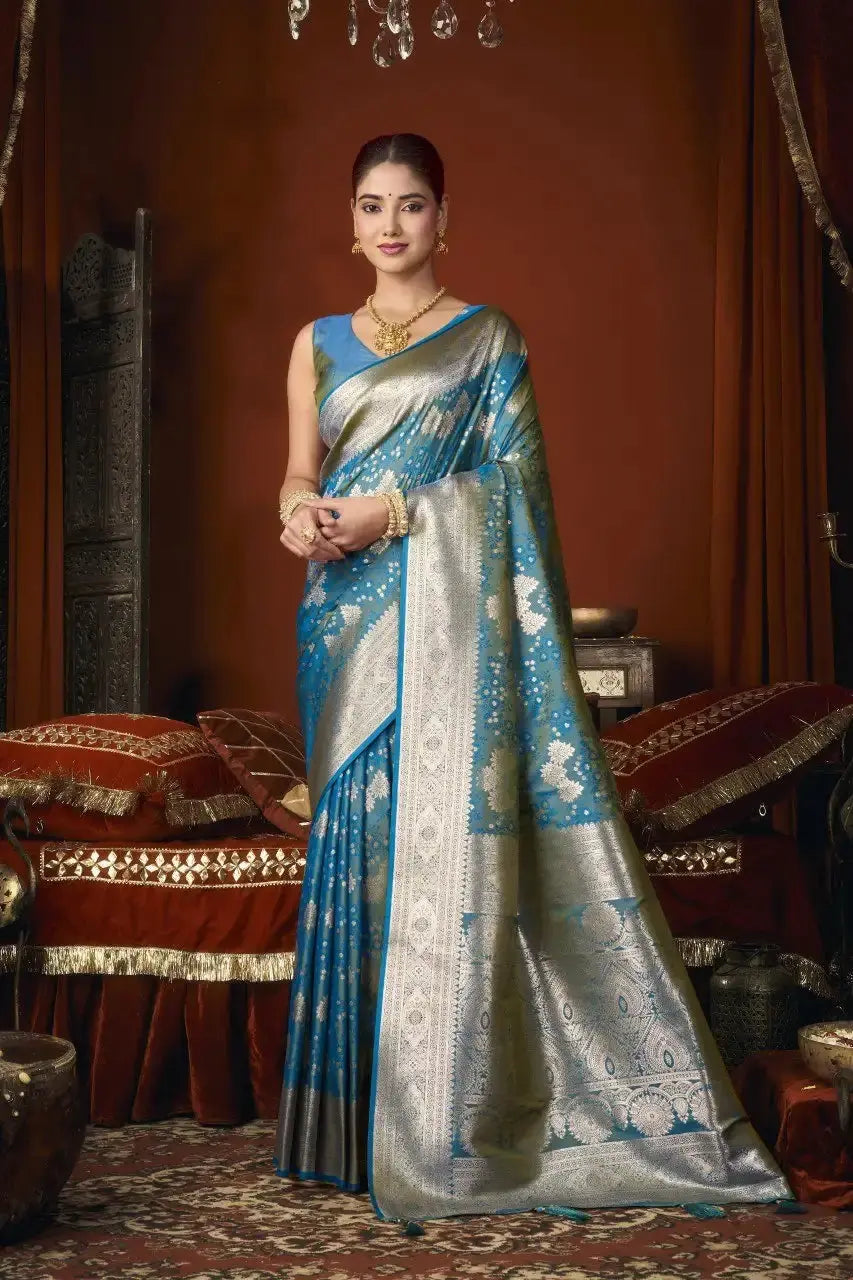 Rama Blue Jacquard Weaving Saree front drape – gold zari border, contrast pallu, soft silk blend | KS303 Kalyanja