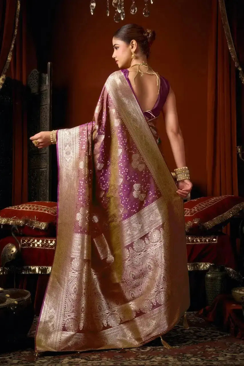 Back view of Wine Jacquard Weaving Saree — contrast pallu spread showing all-over gold zari temple motifs