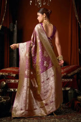 Back view of Wine Jacquard Weaving Saree — contrast pallu spread showing all-over gold zari temple motifs