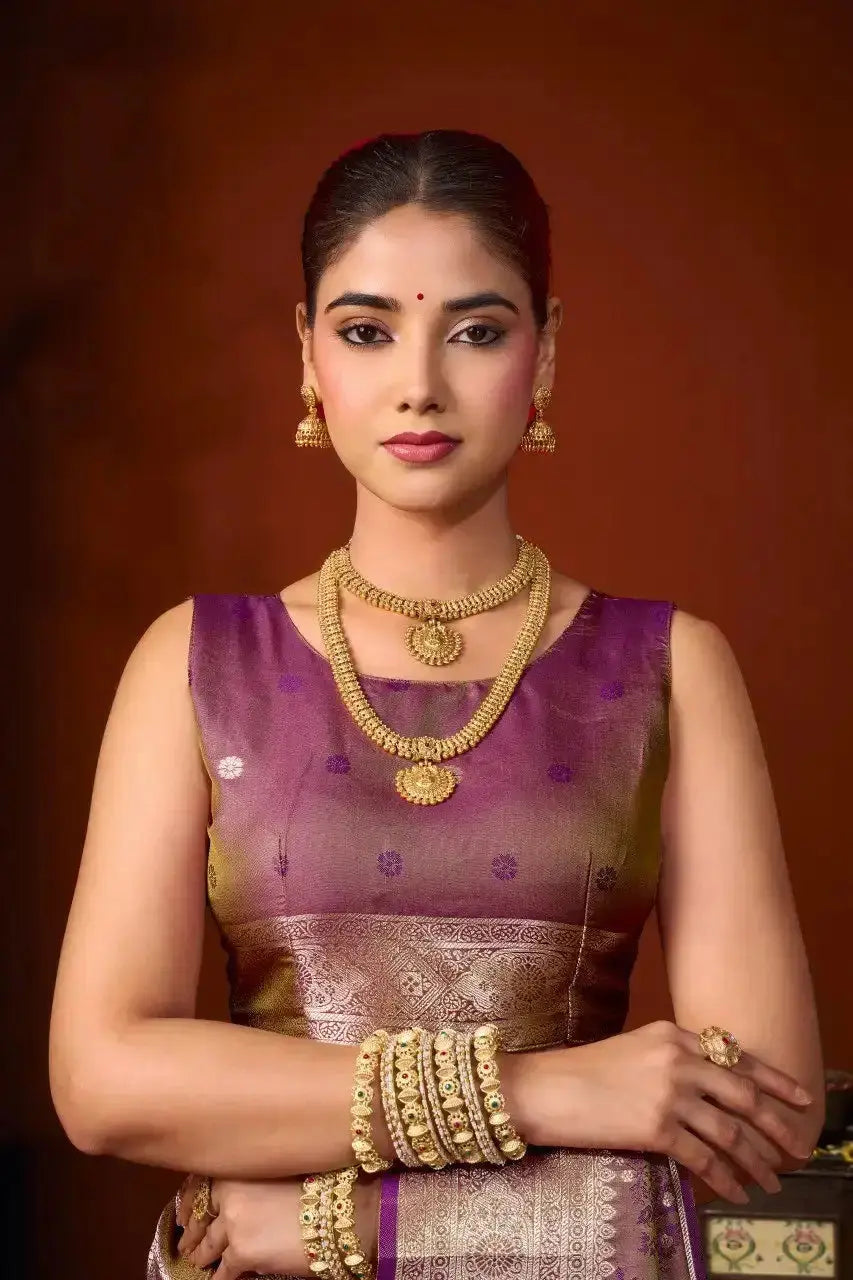 Soft Silk Blend blouse close-up — Wine Jacquard Weaving Saree with scattered gold zari woven motifs