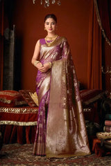 Wine Jacquard Weaving Saree — full front drape with gold zari contrast pallu