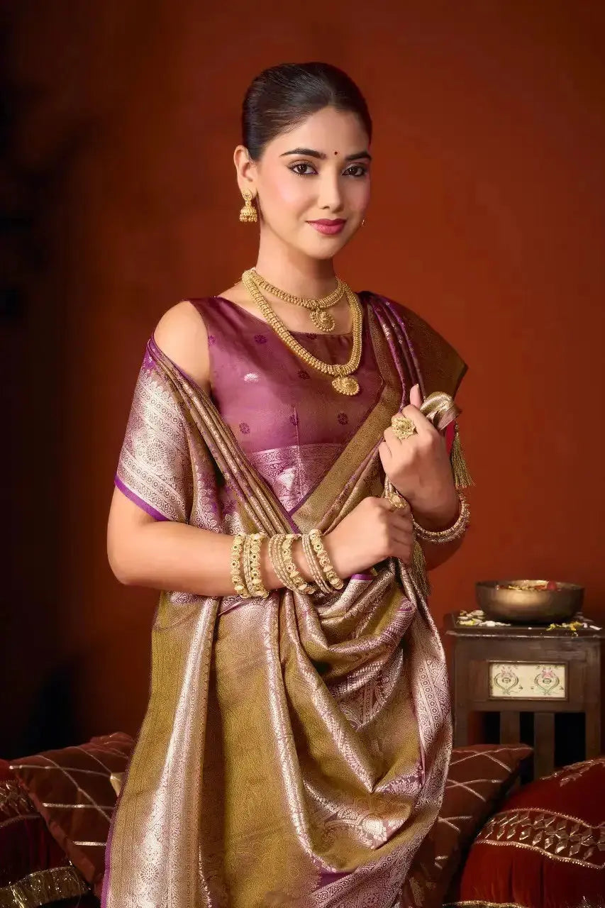 Half body view of Wine Jacquard Weaving Saree — blouse and gold zari contrast pallu detail