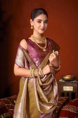 Half body view of Wine Jacquard Weaving Saree — blouse and gold zari contrast pallu detail