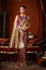Wine Jacquard Weaving Saree — model holding contrast pallu open showing dense gold zari weave