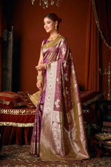 Wine Jacquard Weaving Saree — side profile view showing full length and zari border