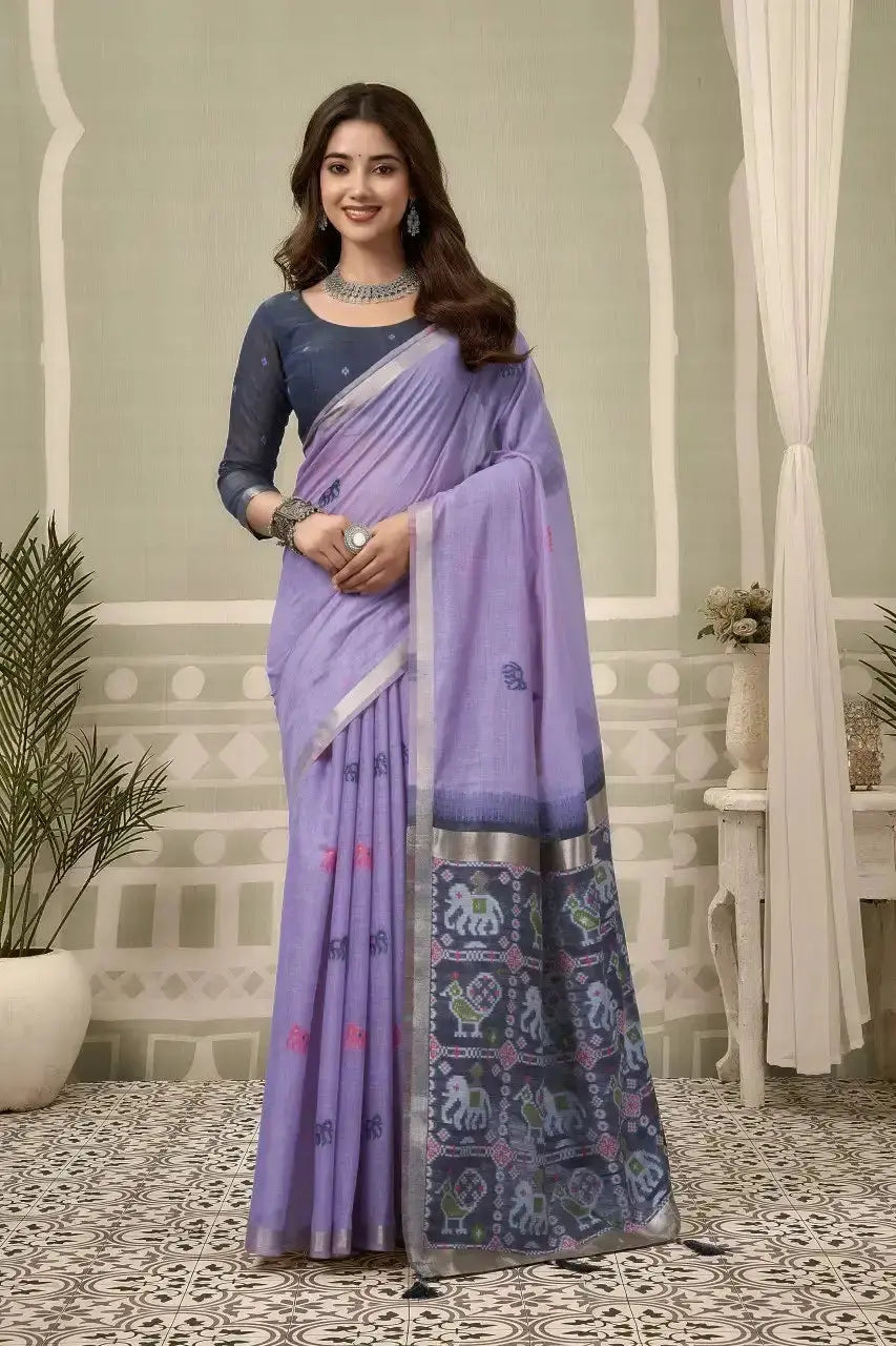 Lavender Zari Woven Heavy Cotton Saree — full front view with contrast navy Patola pallu