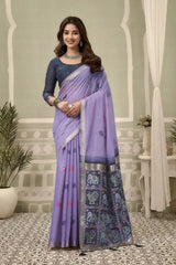 Lavender Zari Woven Heavy Cotton Saree — full front view with contrast navy Patola pallu