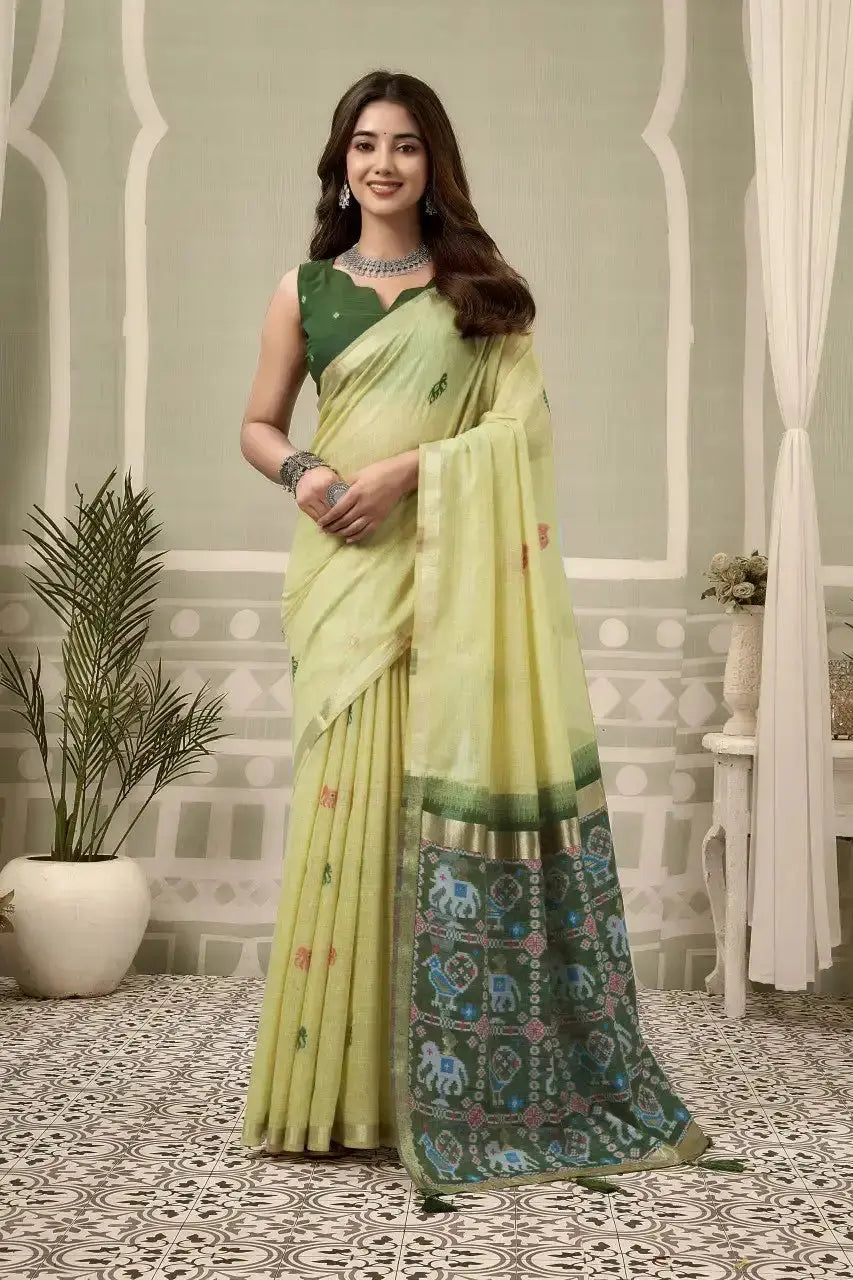 Light Pistachio Green Zari Woven Saree front drape – zari woven border, contrast pallu, heavy cotton | KS304 Kalyanja