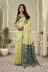 Light Pistachio Green Zari Woven Saree front drape – zari woven border, contrast pallu, heavy cotton | KS304 Kalyanja